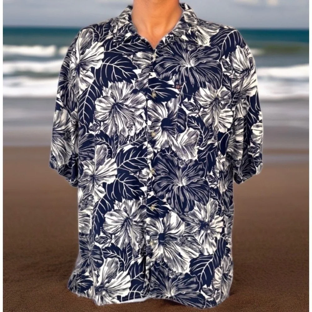 Polo Jeans Co Ralph Lauren Shirt Mens 2XL Blue Hibiscus Floral Rayon Hawaiian